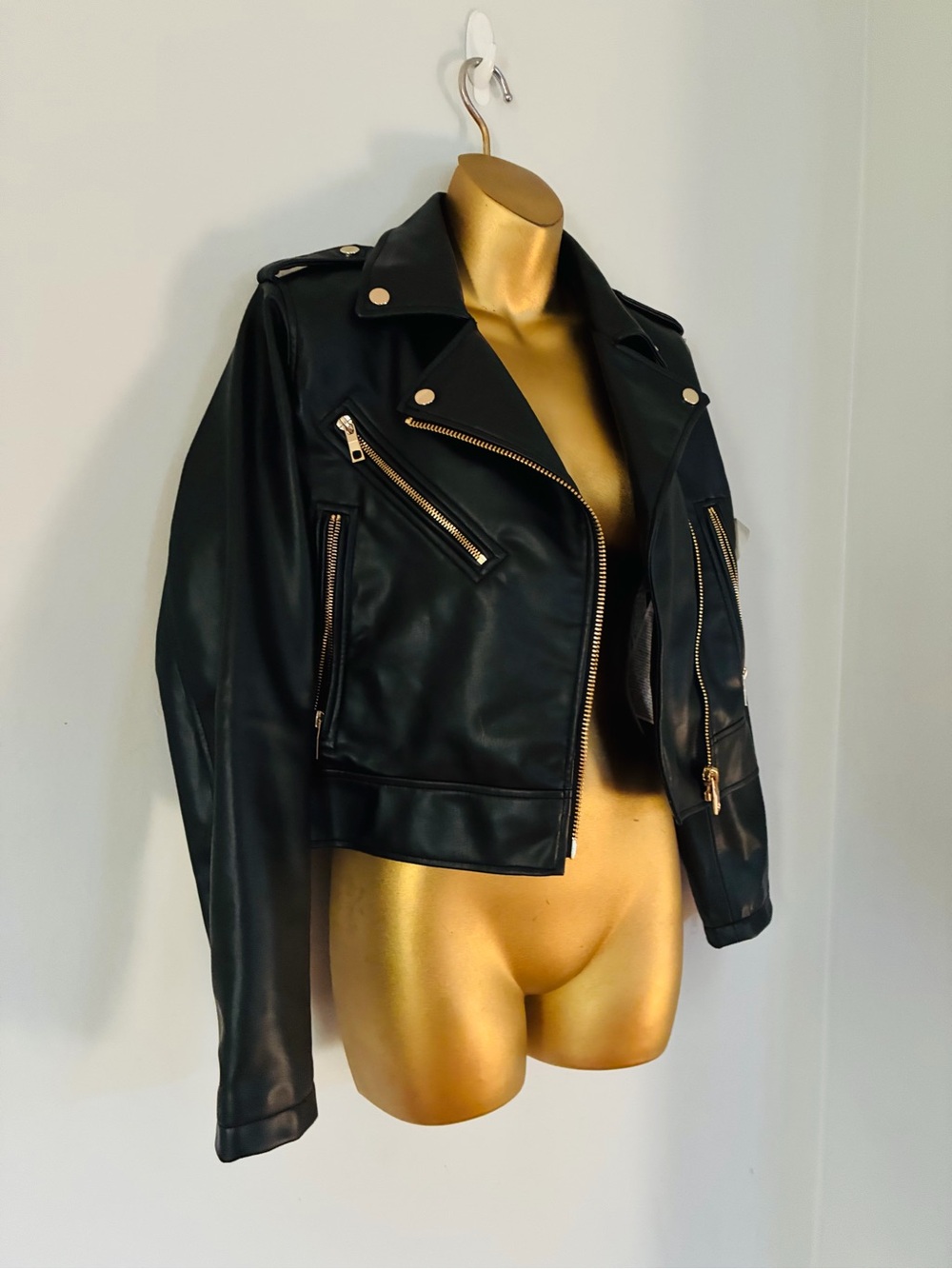 Zara Black Faux Leather Moto Biker Jacket Cropped Silver Zip Size Small - Picture 3 of 5